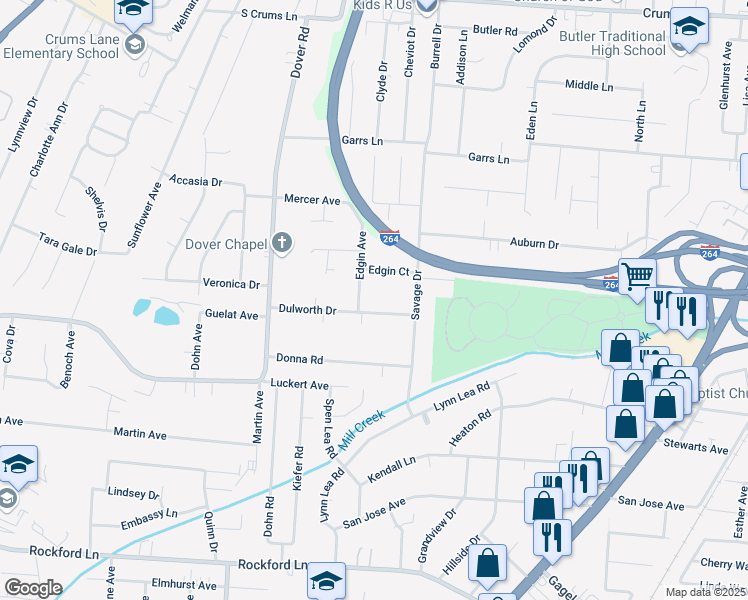map of restaurants, bars, coffee shops, grocery stores, and more near 2317 Dulworth Drive in Louisville