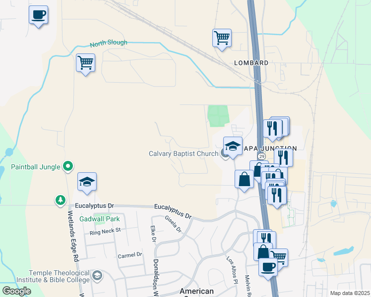 map of restaurants, bars, coffee shops, grocery stores, and more near 100 Napa Junction Road in American Canyon
