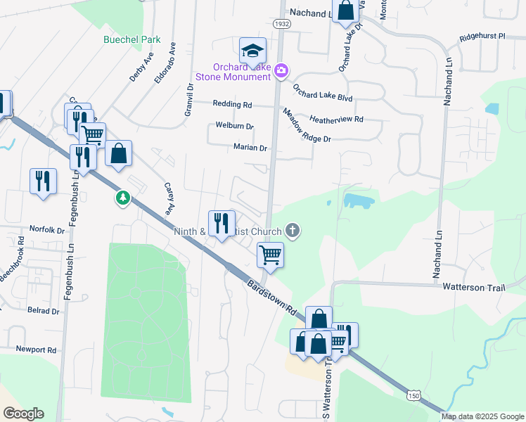 map of restaurants, bars, coffee shops, grocery stores, and more near 7031 Bronner Circle in Louisville
