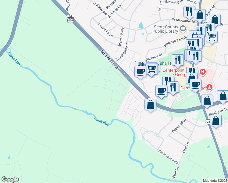 map of restaurants, bars, coffee shops, grocery stores, and more near 300 Mcclelland Circle in Georgetown