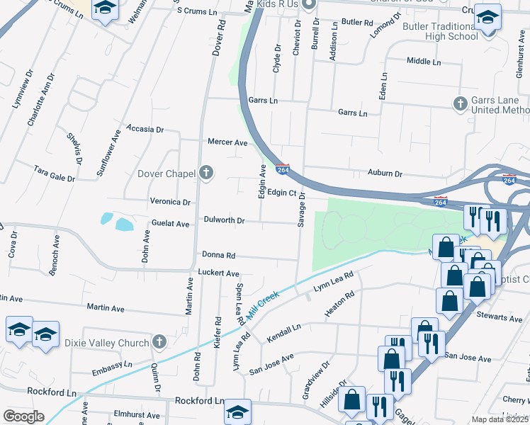 map of restaurants, bars, coffee shops, grocery stores, and more near 2312 Edgin Court in Louisville