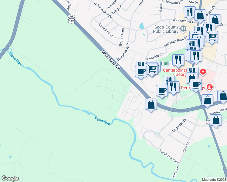 map of restaurants, bars, coffee shops, grocery stores, and more near 300 Mcclelland Circle in Georgetown