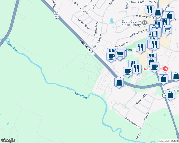 map of restaurants, bars, coffee shops, grocery stores, and more near 300 Mcclelland Circle in Georgetown