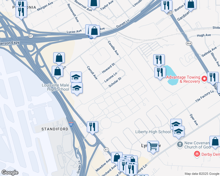 map of restaurants, bars, coffee shops, grocery stores, and more near 1306 Scholar Street in Louisville