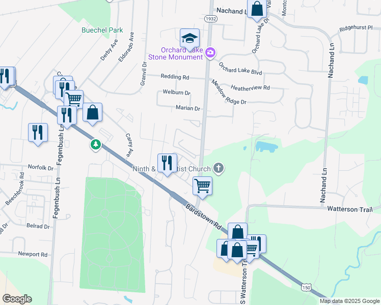 map of restaurants, bars, coffee shops, grocery stores, and more near 4304 Breckenridge Lane in Louisville