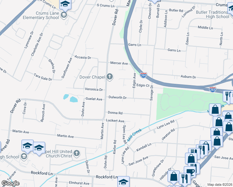 map of restaurants, bars, coffee shops, grocery stores, and more near 4306 Blue Sky Court in Louisville