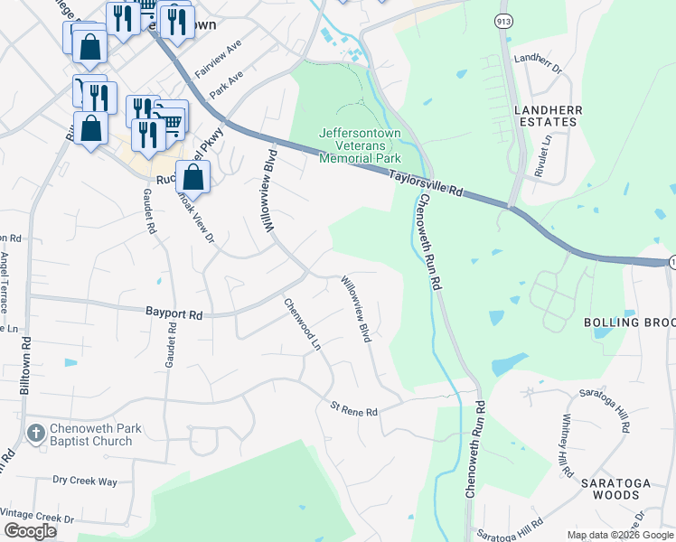 map of restaurants, bars, coffee shops, grocery stores, and more near 10706 Bayport Road in Louisville