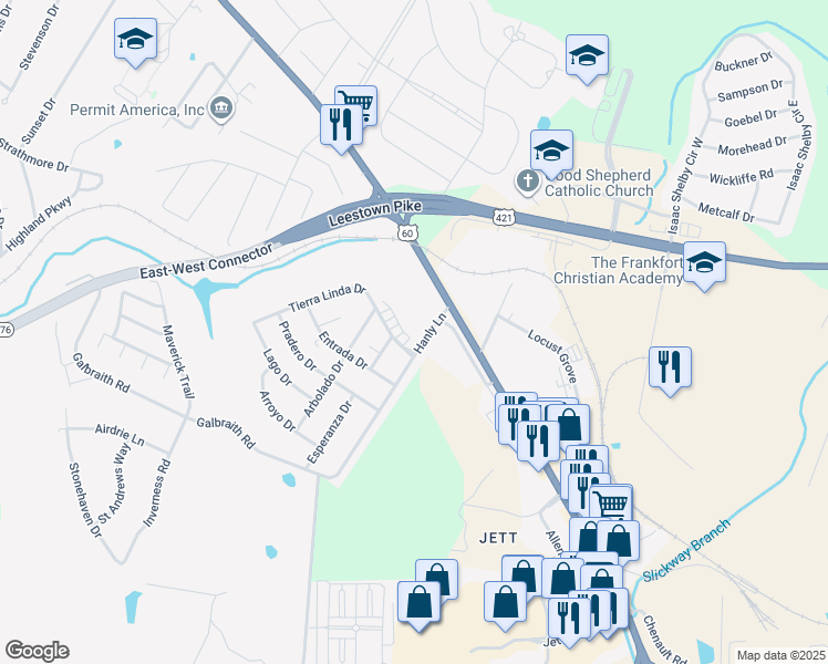map of restaurants, bars, coffee shops, grocery stores, and more near 114 Hanly Lane in Frankfort