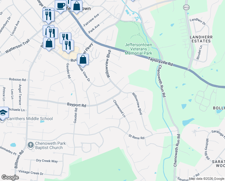 map of restaurants, bars, coffee shops, grocery stores, and more near 10816 Pineview Court in Louisville