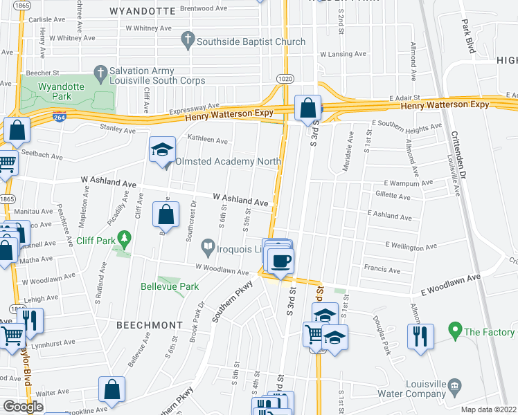map of restaurants, bars, coffee shops, grocery stores, and more near 415 West Ashland Avenue in Louisville
