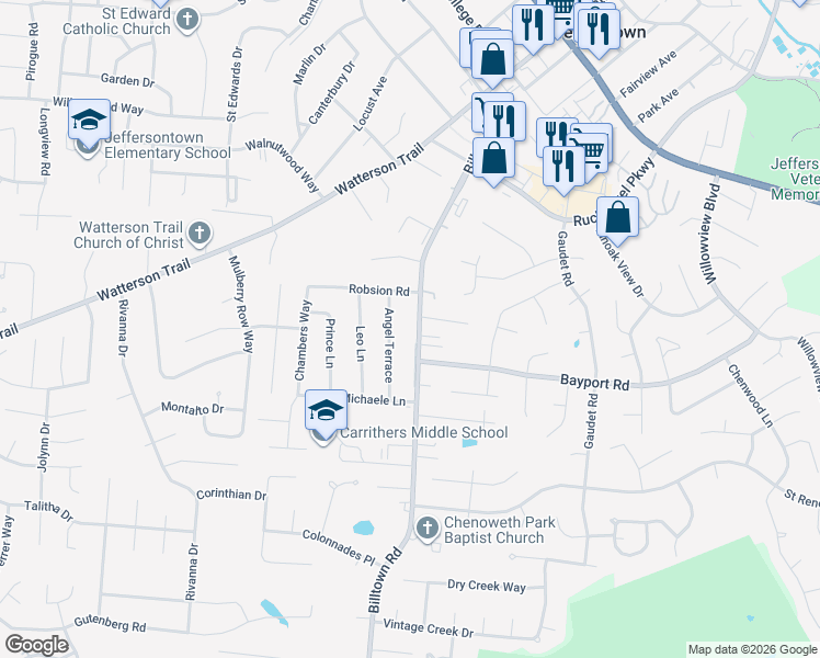 map of restaurants, bars, coffee shops, grocery stores, and more near 4109 Angel Terrace in Jeffersontown
