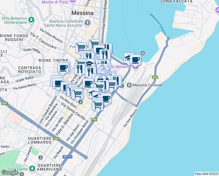 map of restaurants, bars, coffee shops, grocery stores, and more near 45 Via T. Cannizzaro in Messina