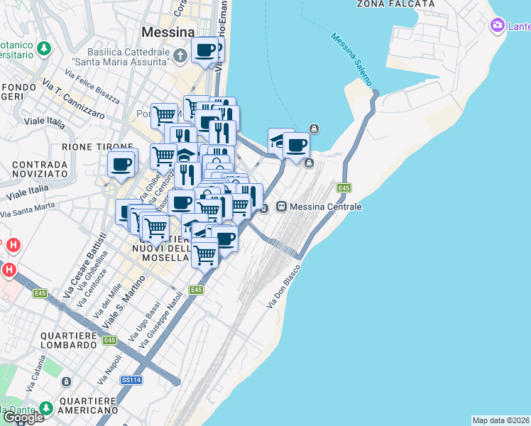 map of restaurants, bars, coffee shops, grocery stores, and more near 3 Via del Vespro in Messina