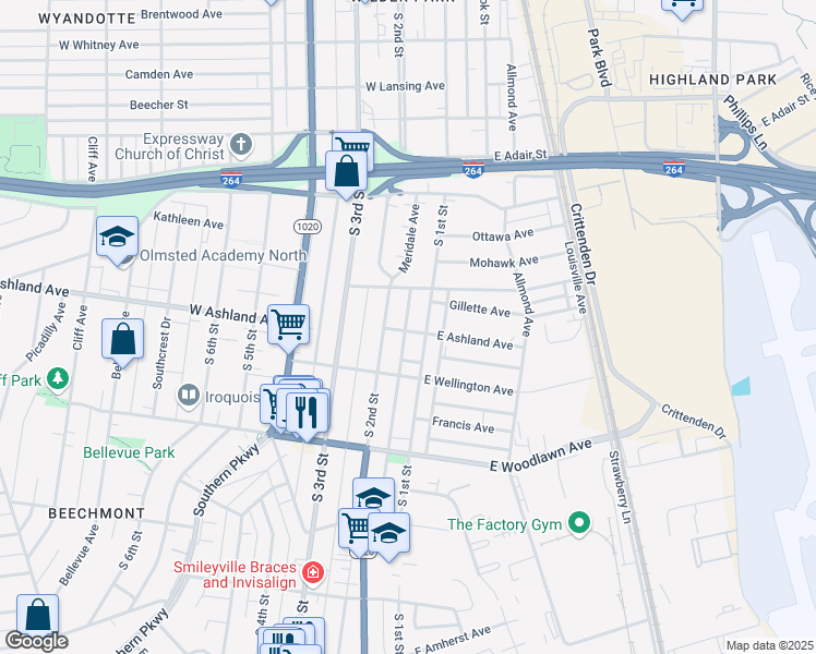 map of restaurants, bars, coffee shops, grocery stores, and more near 4562 South 1st Street in Louisville