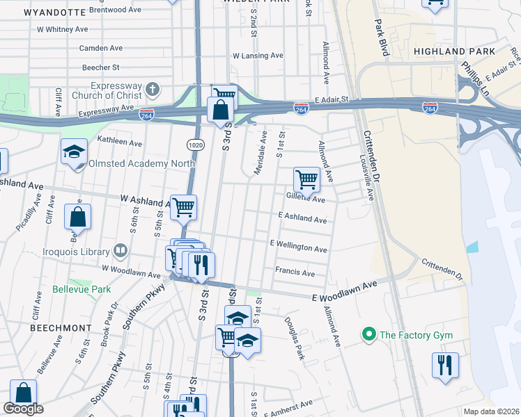 map of restaurants, bars, coffee shops, grocery stores, and more near 4562 South 1st Street in Louisville