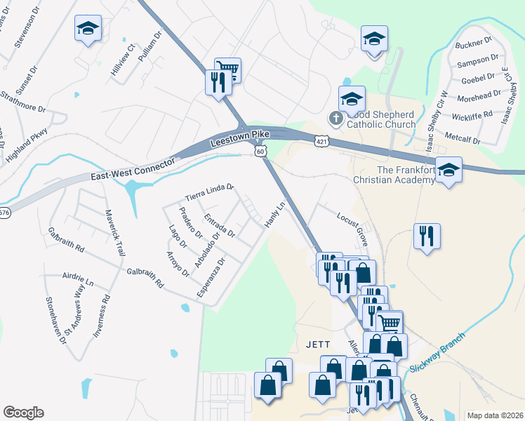 map of restaurants, bars, coffee shops, grocery stores, and more near 106 Hanly Lane in Frankfort
