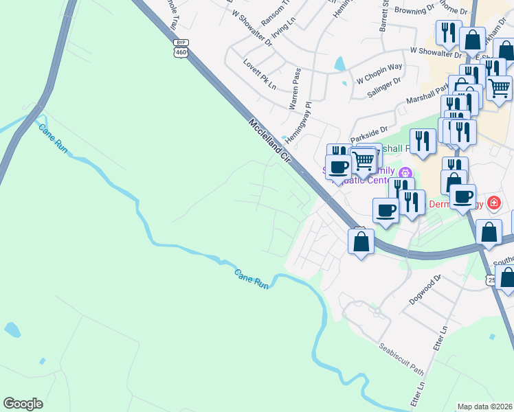 map of restaurants, bars, coffee shops, grocery stores, and more near 300 Mcclelland Circle in Georgetown