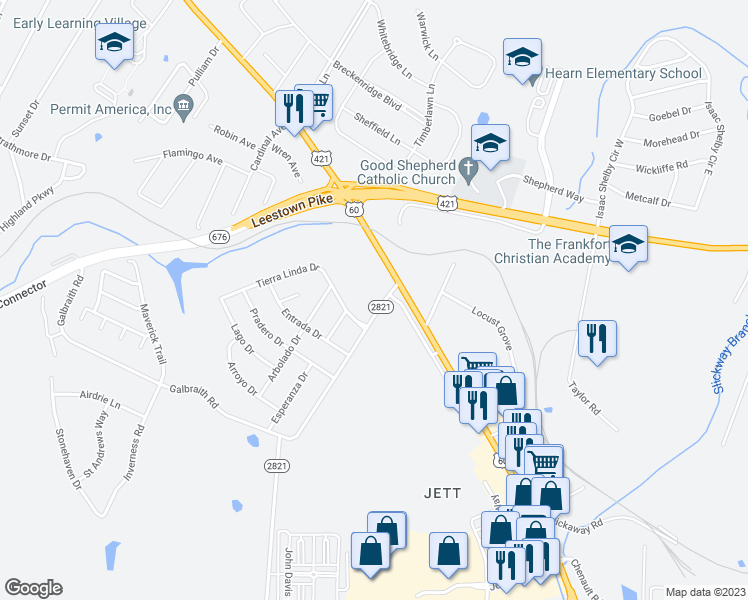 map of restaurants, bars, coffee shops, grocery stores, and more near 104 Hanly Lane in Frankfort
