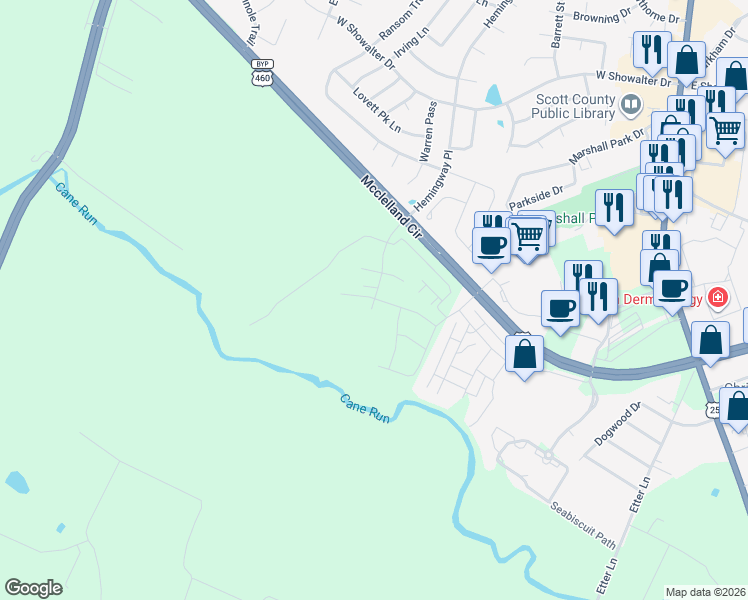 map of restaurants, bars, coffee shops, grocery stores, and more near 300 Mcclelland Circle in Georgetown