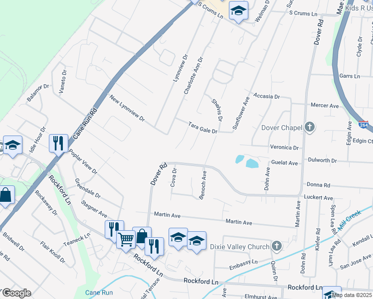 map of restaurants, bars, coffee shops, grocery stores, and more near 4414 Tara Gale Court in Louisville