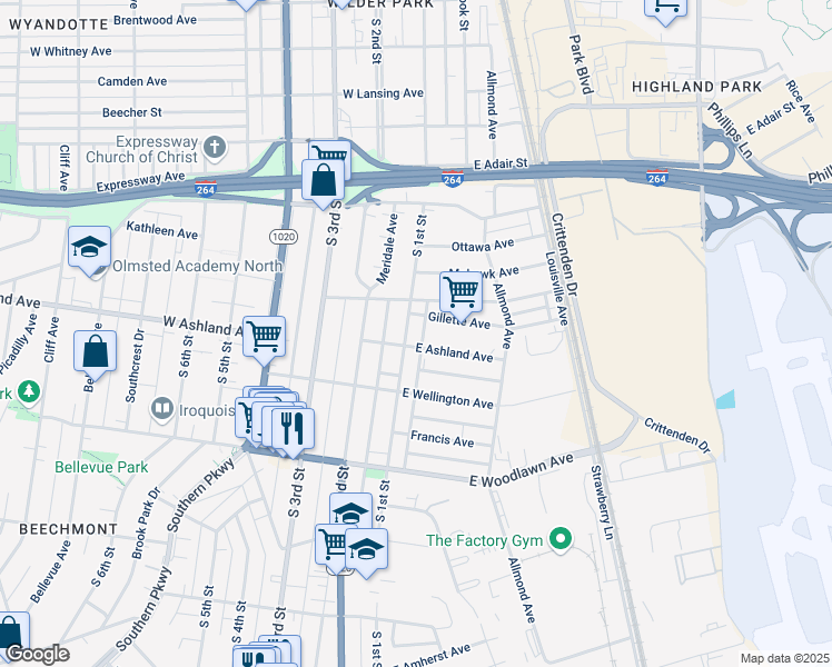 map of restaurants, bars, coffee shops, grocery stores, and more near 4562 South 1st Street in Louisville