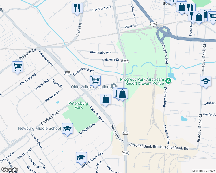 map of restaurants, bars, coffee shops, grocery stores, and more near 5300 East Indian Trail in Louisville