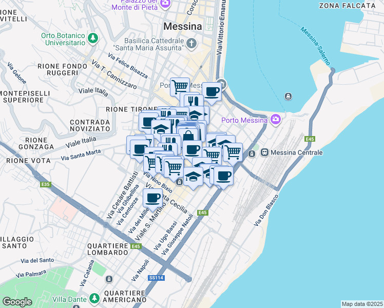 map of restaurants, bars, coffee shops, grocery stores, and more near 65 Via XXVII Luglio in Messina