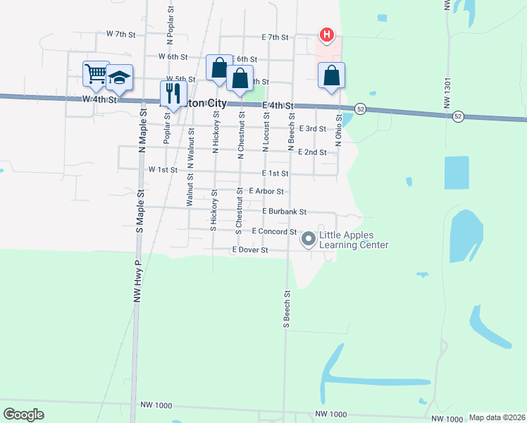 map of restaurants, bars, coffee shops, grocery stores, and more near 300 North Locust Street in Appleton City