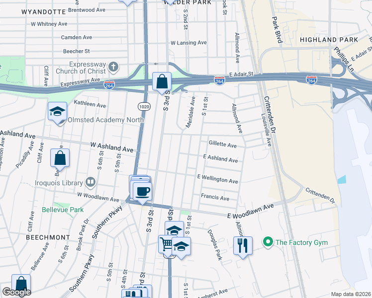 map of restaurants, bars, coffee shops, grocery stores, and more near 4552 South 2nd Street in Louisville