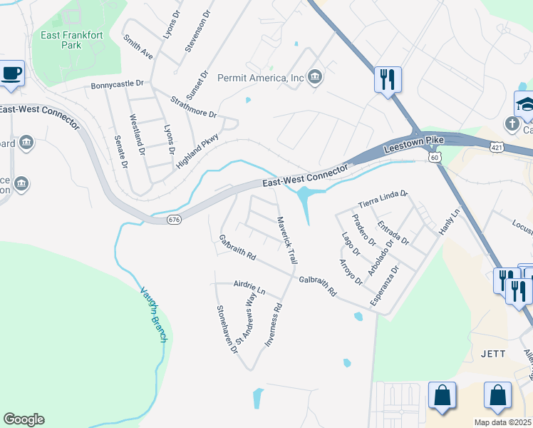 map of restaurants, bars, coffee shops, grocery stores, and more near 1203 Maverick Trail in Frankfort