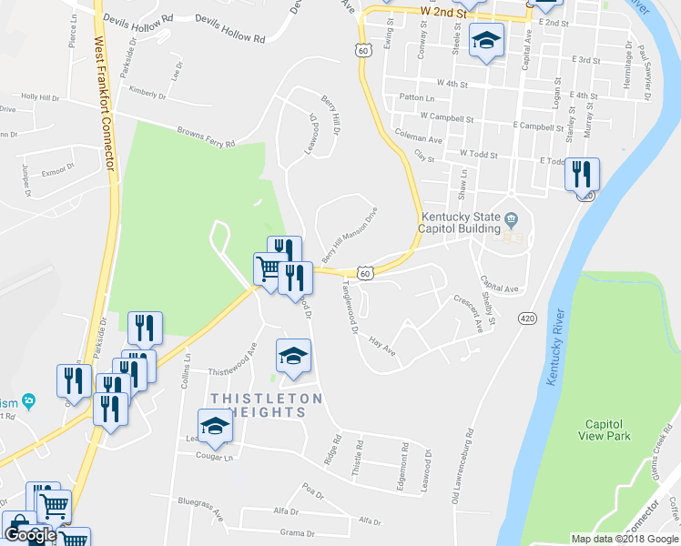 map of restaurants, bars, coffee shops, grocery stores, and more near 607 Louisville Road in Frankfort
