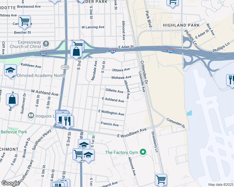 map of restaurants, bars, coffee shops, grocery stores, and more near 150 Gillette Avenue in Louisville