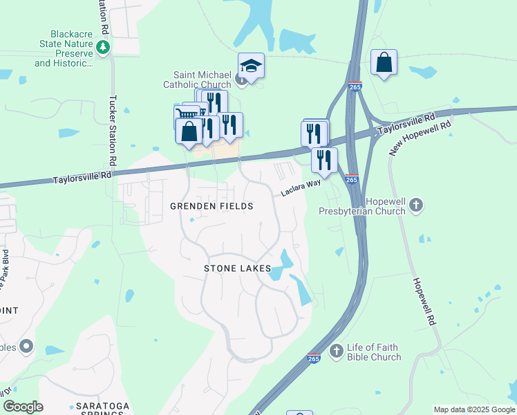 map of restaurants, bars, coffee shops, grocery stores, and more near 4104 Willow Reed Place in Jeffersontown