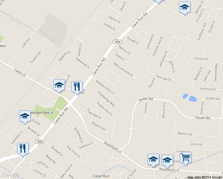 map of restaurants, bars, coffee shops, grocery stores, and more near 3113 Melody Acres Lane in Louisville