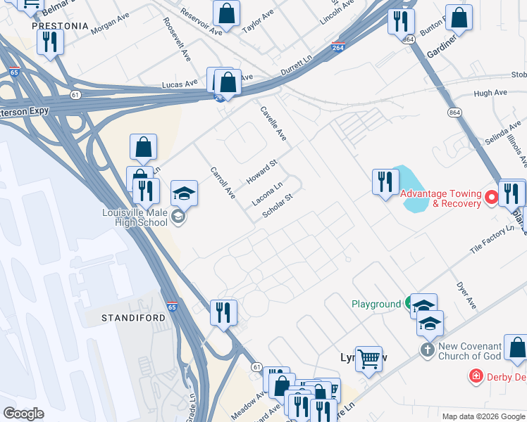 map of restaurants, bars, coffee shops, grocery stores, and more near 1309 Scholar Street in Louisville