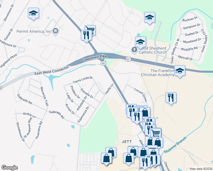 map of restaurants, bars, coffee shops, grocery stores, and more near 106 Hanly Lane in Frankfort
