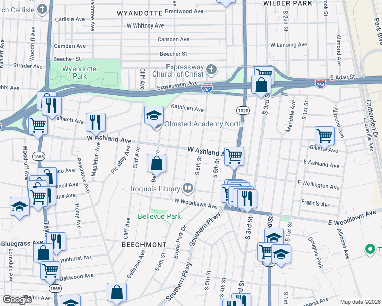 map of restaurants, bars, coffee shops, grocery stores, and more near 614 West Ashland Avenue in Louisville