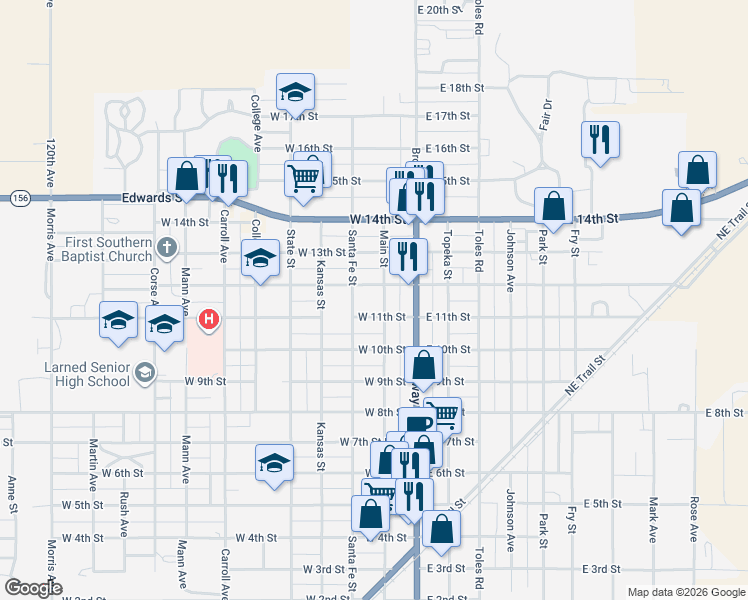 map of restaurants, bars, coffee shops, grocery stores, and more near 201-299 West 12th Street in Larned