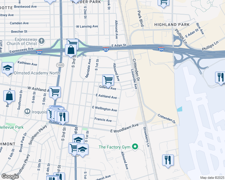 map of restaurants, bars, coffee shops, grocery stores, and more near 150 Gillette Avenue in Louisville