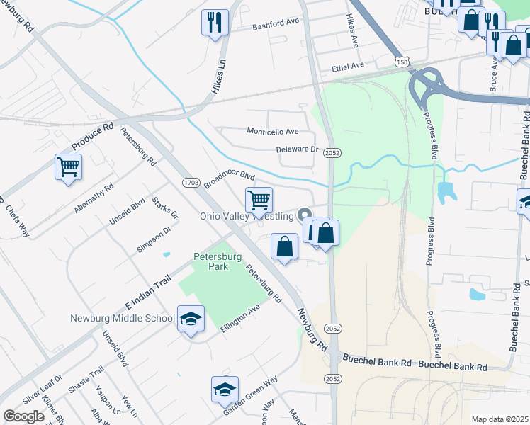 map of restaurants, bars, coffee shops, grocery stores, and more near 5203 East Indian Trail in Louisville