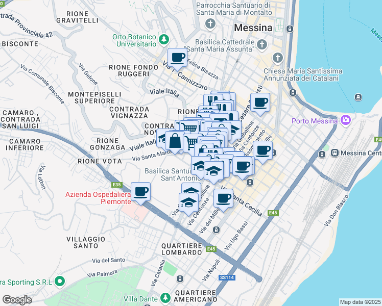 map of restaurants, bars, coffee shops, grocery stores, and more near 44 Via Santa Maria del Selciato in Messina
