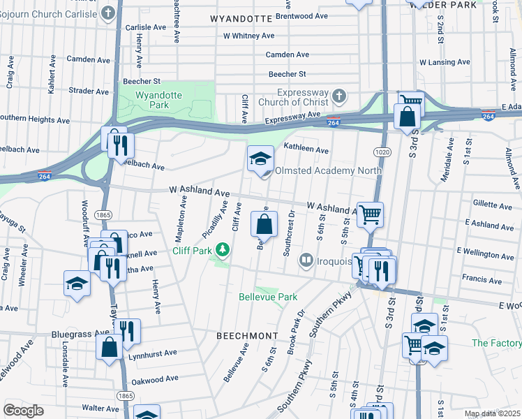map of restaurants, bars, coffee shops, grocery stores, and more near 4604 Bellevue Avenue in Louisville