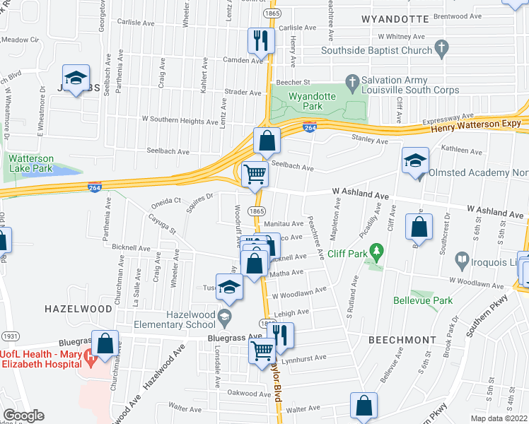 map of restaurants, bars, coffee shops, grocery stores, and more near 4019 Taylor Boulevard in Louisville