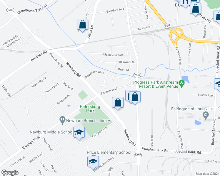 map of restaurants, bars, coffee shops, grocery stores, and more near 5203 East Indian Trail in Louisville
