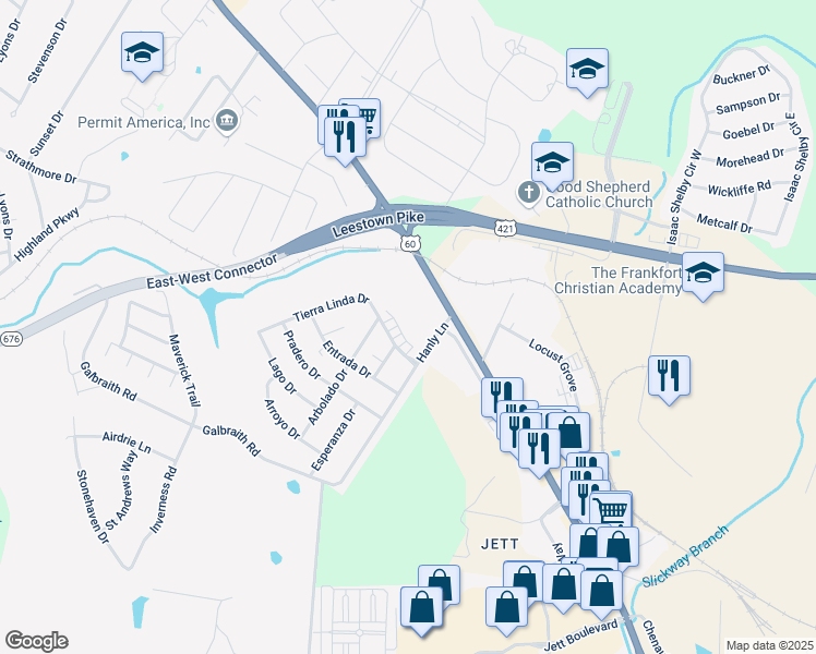 map of restaurants, bars, coffee shops, grocery stores, and more near 932-940 Tierra Linda Drive in Frankfort