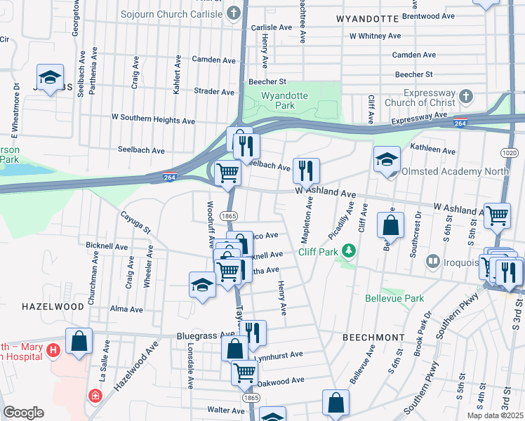 map of restaurants, bars, coffee shops, grocery stores, and more near 4015 Beaver Street in Louisville