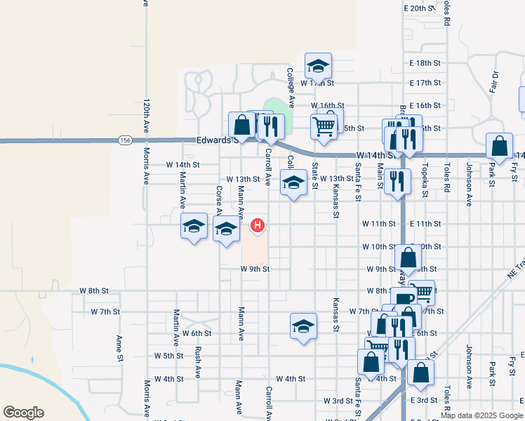 map of restaurants, bars, coffee shops, grocery stores, and more near 1148-1198 Carroll Avenue in Larned