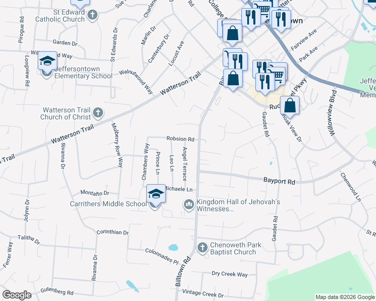 map of restaurants, bars, coffee shops, grocery stores, and more near 4109 Angel Terrace in Jeffersontown