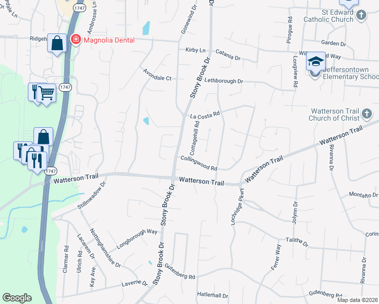 map of restaurants, bars, coffee shops, grocery stores, and more near 4208 Cottagehill Road in Louisville