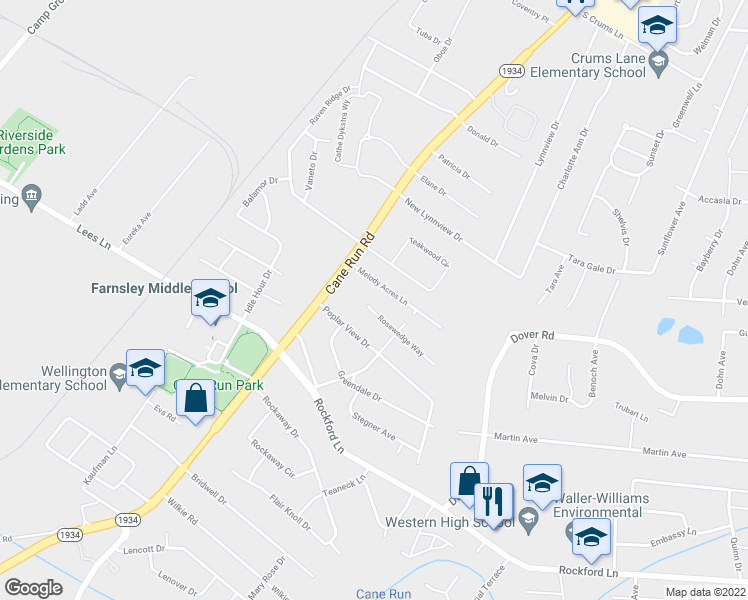 map of restaurants, bars, coffee shops, grocery stores, and more near 3235 Rosewedge Way in Louisville